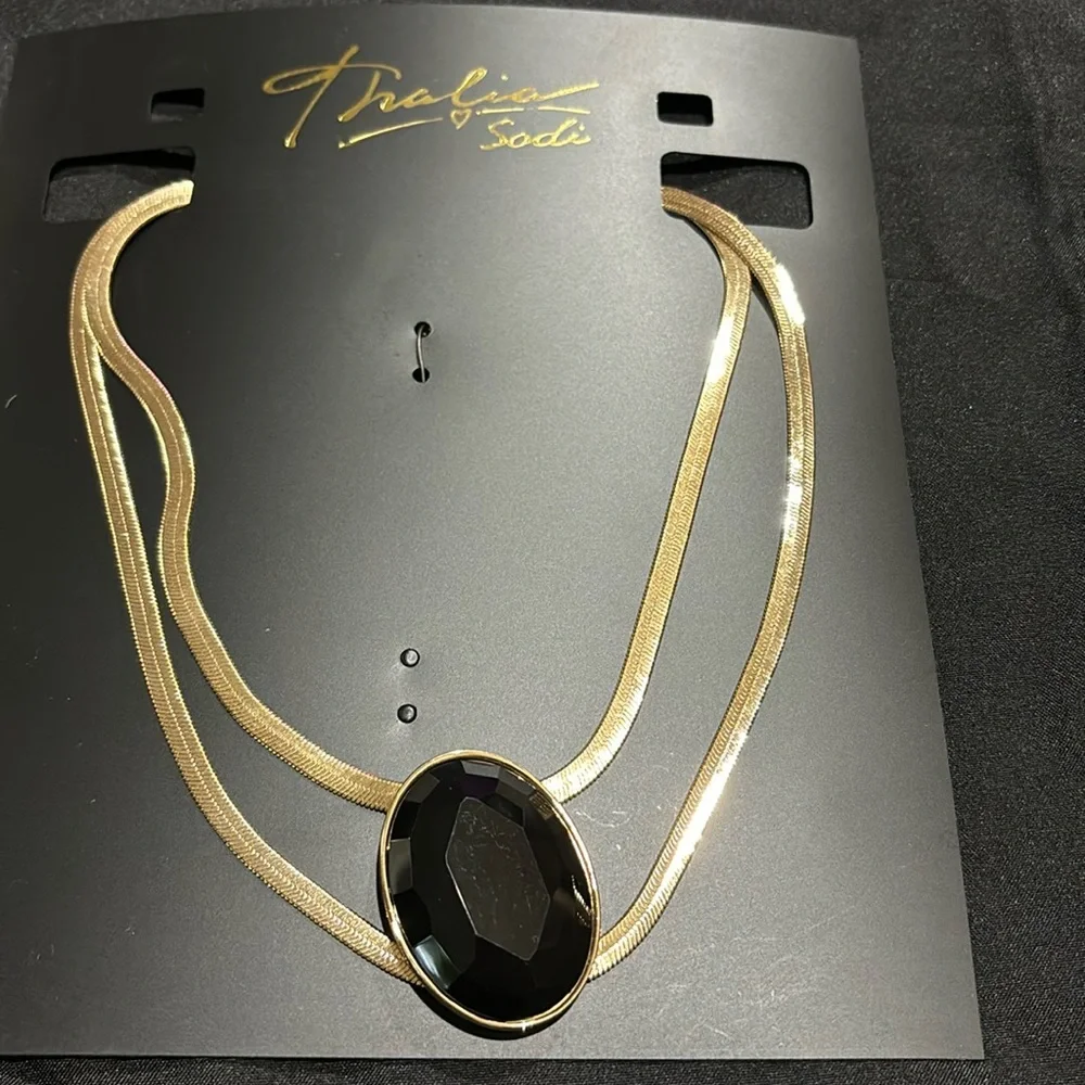 Thalia Sodi Statement Necklace Women's Gold-Tone Large Black Stone Doubl…